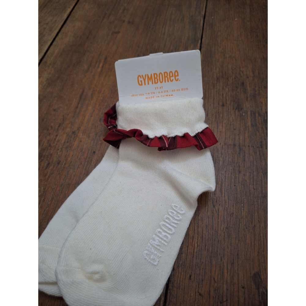 Gymboree Girls Ivory White Ankle Socks Red Plaid Ruffle Trim Gold Metallic 2T-3T